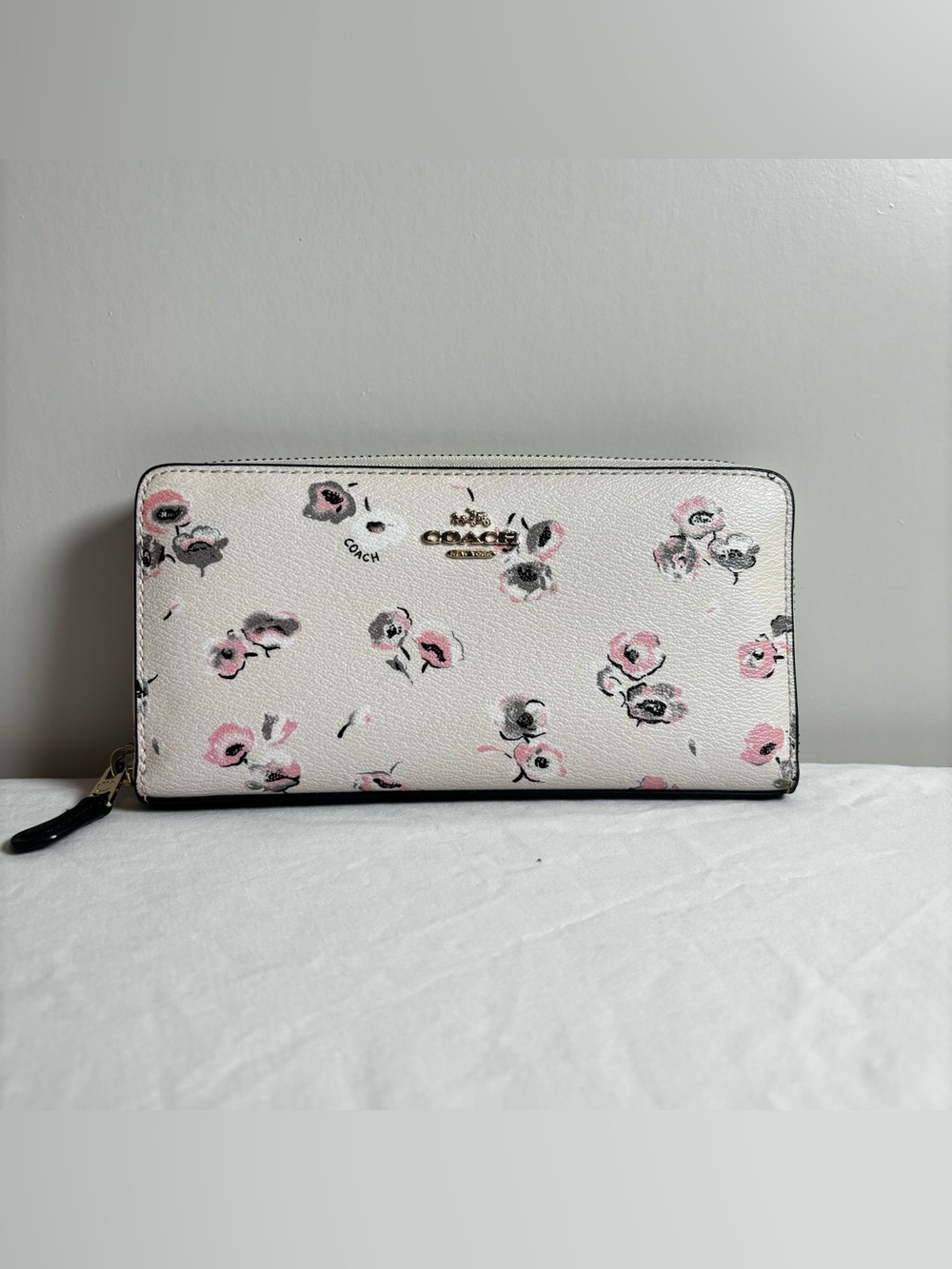 Coach White Floral Zip-Around Wallet with Pink and Gray Accents